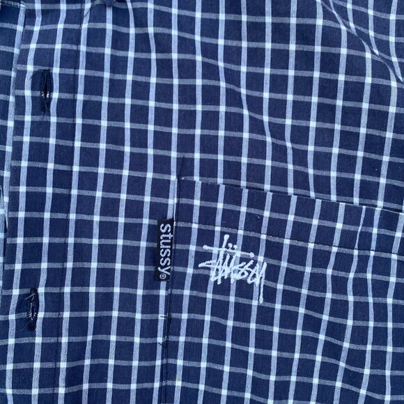 Vintage 90s Stussy Button Up Shirt Large Checkered Pattern Shirt Blue - Picture 8 of 9